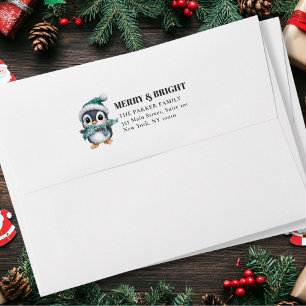 MERRY & BRIGHT! Adorable, Penguin with Santa Hat Envelope