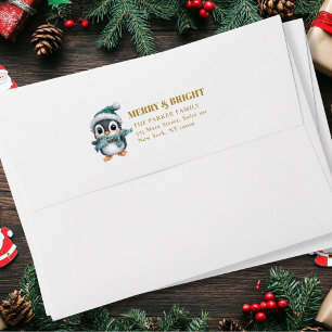 MERRY & BRIGHT! Adorable, Penguin with Santa Hat Envelope