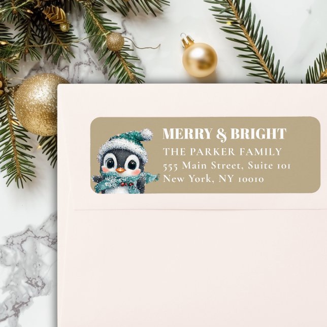 MERRY & BRIGHT! Adorable, Penguin With Santa Hat Label (MERRY & BRIGHT! Adorable, Penguin With Santa Hat, Address Return Label.)