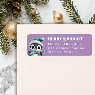 MERRY & BRIGHT! Adorable, Penguin With Santa Hat Label
