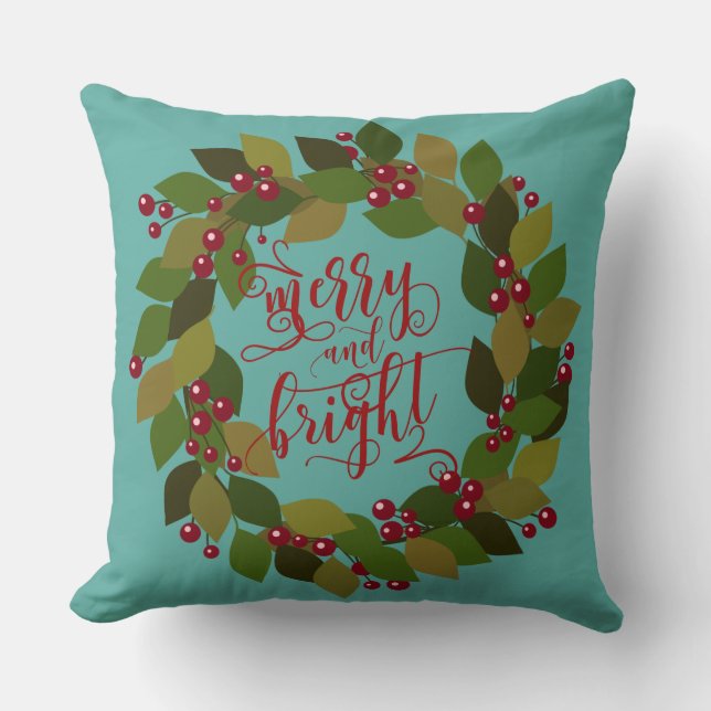 Merry & Bright | Aqua Chevron Holiday Throw Pillow (Front)