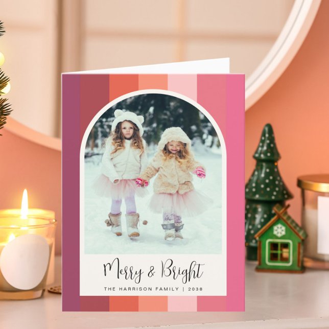 Merry Bright Arch Photo Pink Christmas Holiday Card (Creator Uploaded)