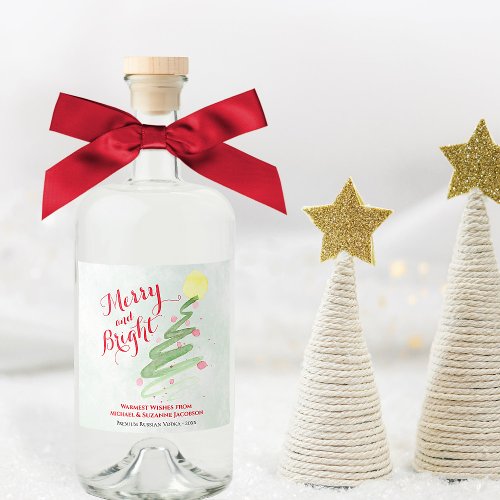 Merry  Bright Artsy Watercolor Christmas Tree Liquor Bottle Label