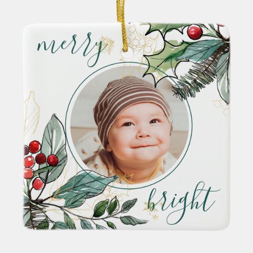 Merry Bright Baby Photo Christmas Keepsake Ceramic Ornament