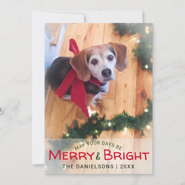 Merry & Bright Beagle Dog Red Bow Photo Christmas Holiday Card (Front)