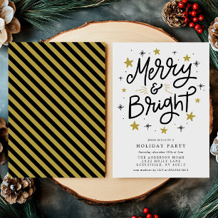 Merry & Bright Black and Gold Holiday Party Invitation