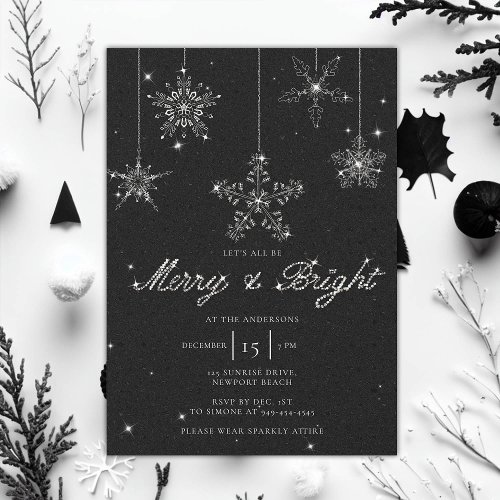 Merry Bright Black White Glitter Elegant Christmas Invitation