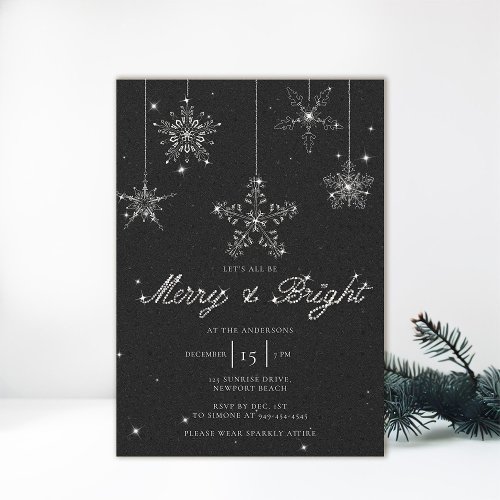 Merry Bright Black White Glitter Elegant Christmas Invitation