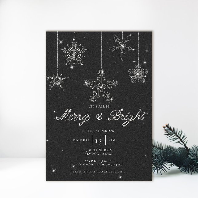 Merry Bright Black White Glitter Elegant Christmas Invitation (black white christmas party invitation sparkles glitter snowflakes merry bright elegant modern)