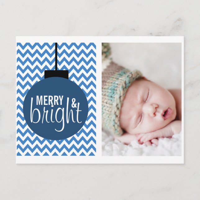 MERRY & BRIGHT BLUE CHEVRON HOLIDAY CARD (Front)