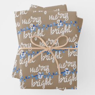 Merry & Bright Blue Christmas Tree Lights Kraft Wrapping Paper Sheets