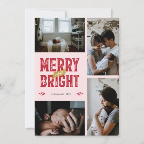 Merry  Bright blush and gold 5 photo Holiday Card