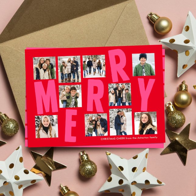 Merry bright bold 10 photo red pink Christmas Holiday Card (Creator Uploaded)