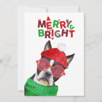 Merry & Bright Boston Terrier Glasses Hat Scarf 