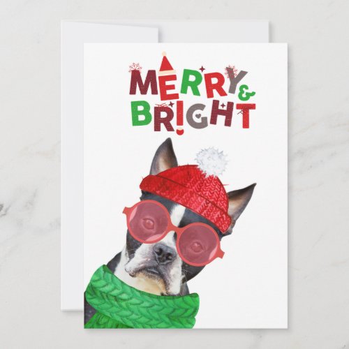 Merry  Bright Boston Terrier Glasses Hat Scarf  Holiday Card