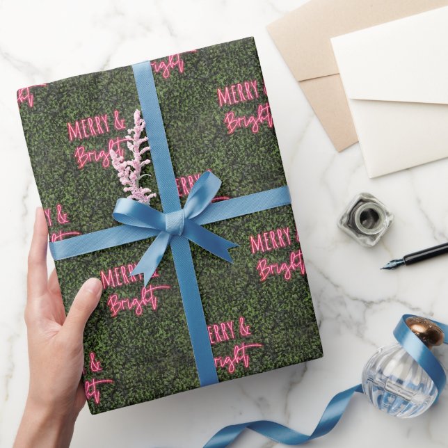 Merry & Bright Boxwood Pink Neon Sign Christmas Wrapping Paper (Gifting)