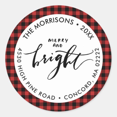 Merry Bright Buffalo Plaid Christmas Your Address Classic Round Sticker