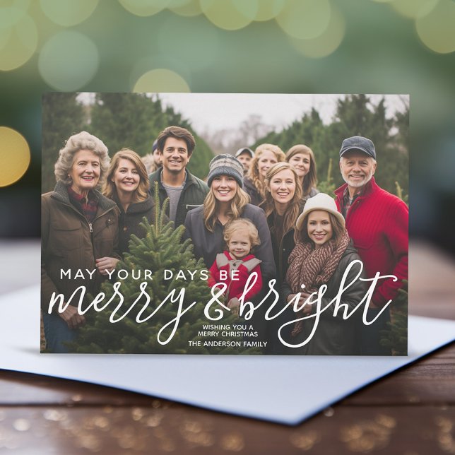 Merry & Bright Calligraphy Horizontal Photo Marble Holiday Card (Christmas Photo card with one large photo and modern script on top of the pic. Marble background)