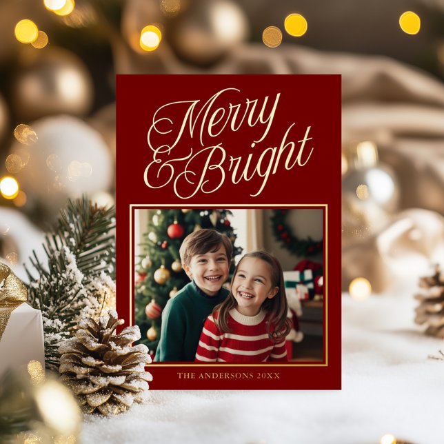 Merry & Bright Calligraphy Red Photo Foil Holiday Card (Creator Uploaded)