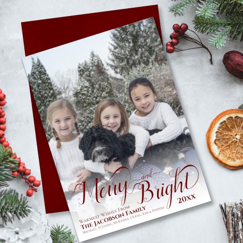Merry  Bright Calligraphy Script Burgundy Photo Holiday Card