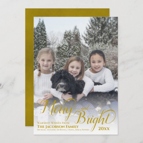 Merry  Bright Calligraphy Script Gold Photo Holiday Card
