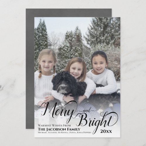 Merry  Bright Calligraphy Script Gray Photo Holiday Card