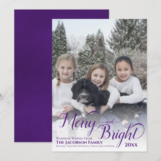 Merry & Bright Calligraphy Script Purple Photo Holiday Card (Front/Back)