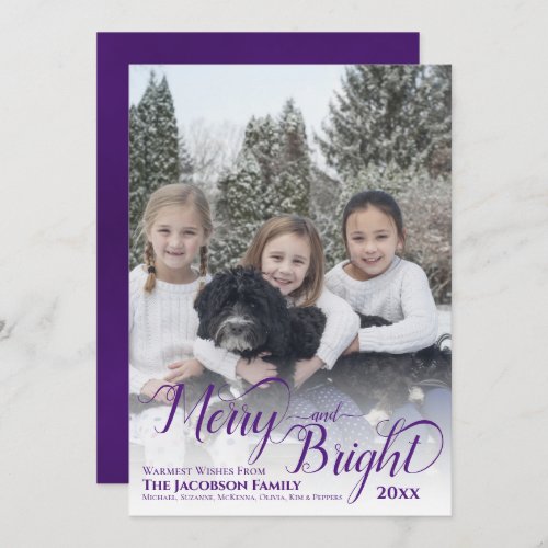 Merry  Bright Calligraphy Script Purple Photo Holiday Card