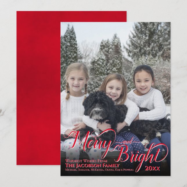 Merry & Bright Calligraphy Script Red Photo Holiday Card (Front/Back)