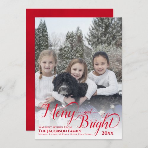 Merry  Bright Calligraphy Script Red Photo Holiday Card