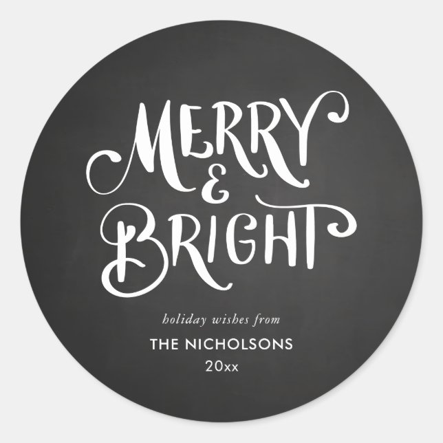 Merry & Bright Chalkboard Holiday Wishes Classic Round Sticker (Front)