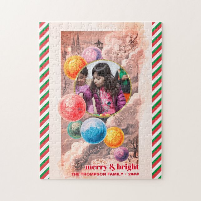 Merry & Bright Chic Family Photo Christmas Bubbles Jigsaw Puzzle (Vertical)