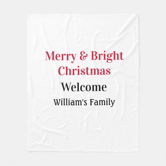 Merry Bright Christmas add family name welcome joy Fleece Blanket (Front)