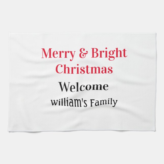 Merry Bright Christmas add family name welcome joy Kitchen Towel (Horizontal)