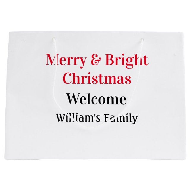 Merry Bright Christmas add family name welcome joy Large Gift Bag (Front)
