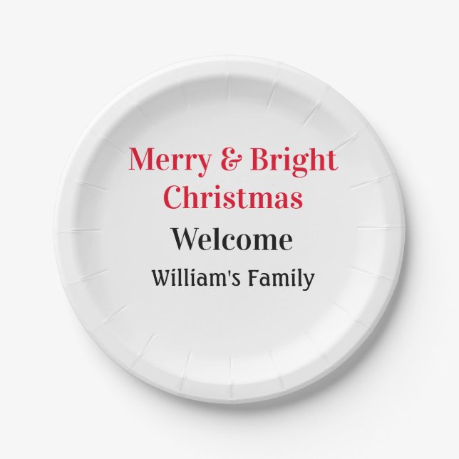 Merry Bright Christmas add family name welcome joy Paper Plates (Front)