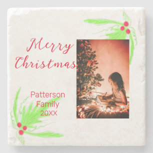 Merry Bright Christmas add family name welcome joy Stone Coaster