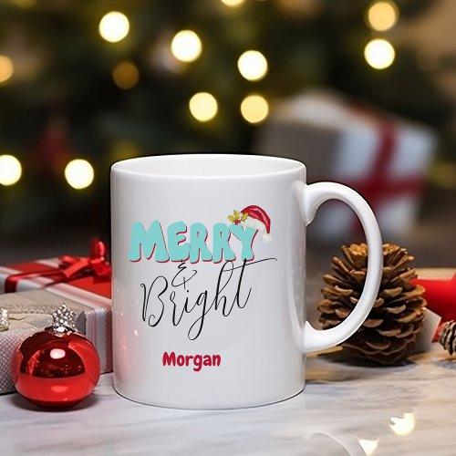 Merry  Bright Christmas Blue Red Festive Add Name Coffee Mug