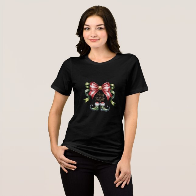 Merry & Bright Christmas Bow & Elf Shoes T-Shirt Tri-Blend Shirt (Front Full)