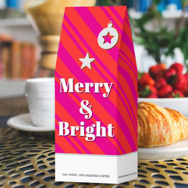 Merry & Bright Christmas Candy Stripe Personalized Roasted Coffee (Personalized 'Merry & Bright' Christmas red and white candy striped bag of roasted coffee)