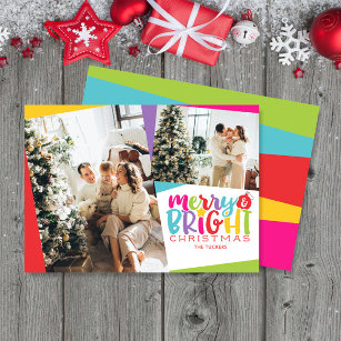 Merry & Bright Christmas Colorful Cute 2-Photo Holiday Card