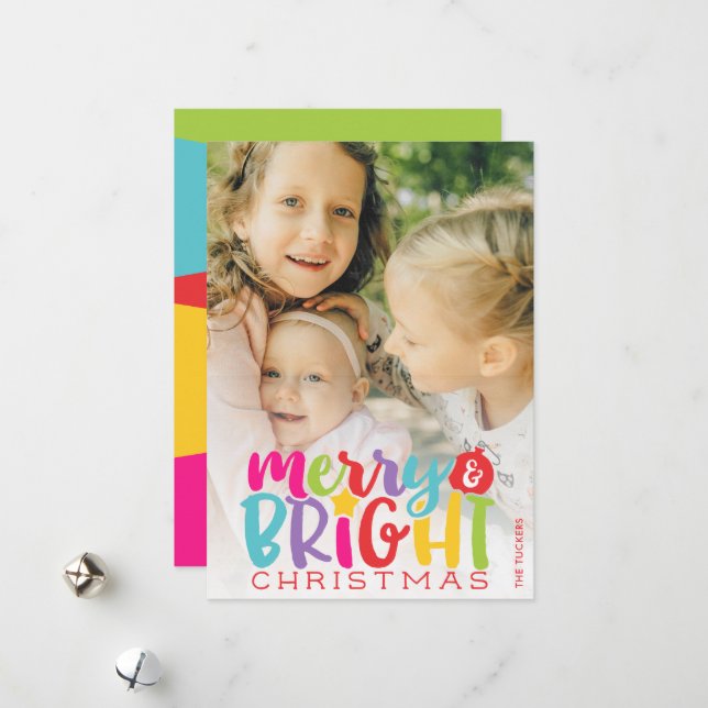 Merry & Bright Christmas Colorful Cute Holiday Card (Front/Back In Situ)