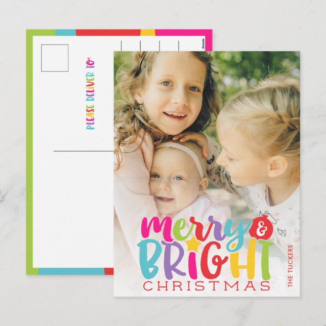 Merry & Bright Christmas Colorful Cute Holiday Postcard (Front/Back)