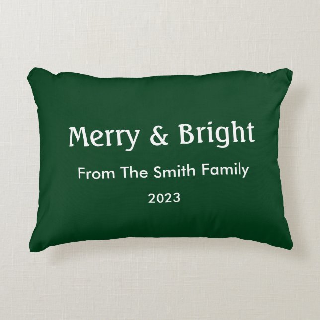 Merry & Bright Christmas Custom Name Hunter Green Accent Pillow (Front)