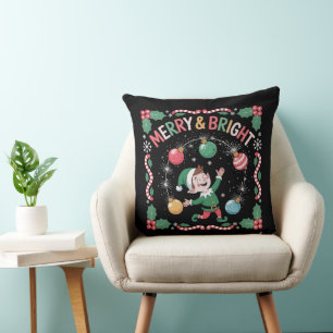 Merry & Bright Christmas Elf Cute Holiday Throw Pillow