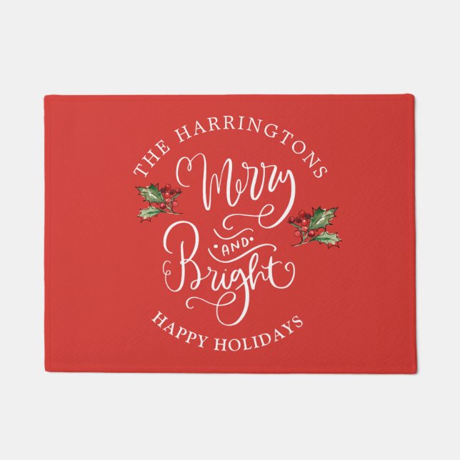 Merry Bright Christmas Family Name Doormat (Front)