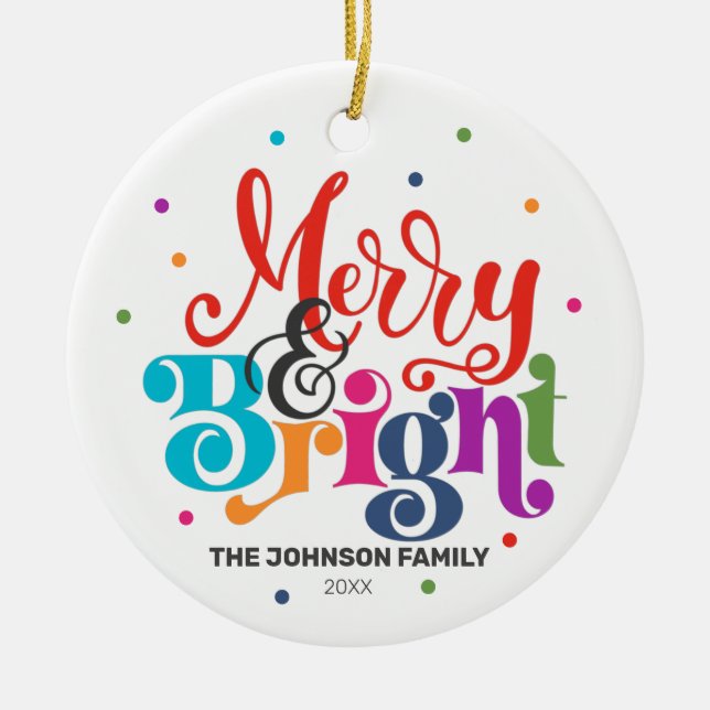 Merry & Bright Christmas Family Photo Modern Ornam Ceramic Ornament (Front)