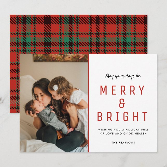 Merry & Bright Christmas Family Photo Plaid Card (Front/Back)