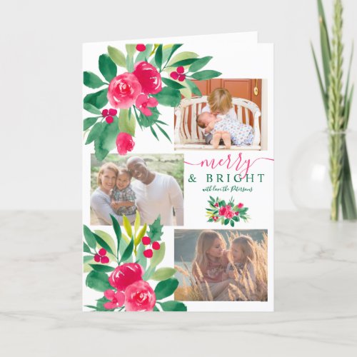 Merry Bright Christmas floral watercolor 4 photos Holiday Card