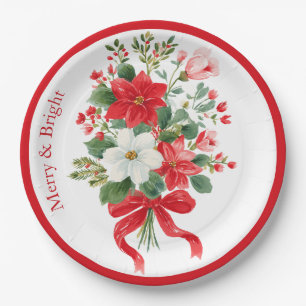 Merry & Bright Christmas Flower Bouquet Paper Plates